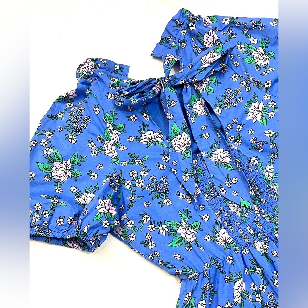 J. Crew Women’s Coastal Blue Tieback Short Sleeve Mini Floral Dress with Ruffle - Picture 13 of 16